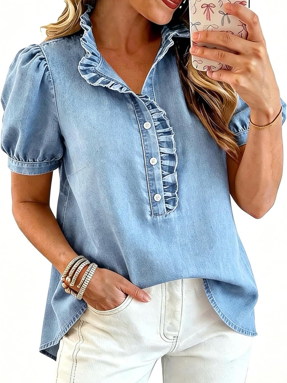 Light Blue Ruffle-Front Puff Sleeve Blouse